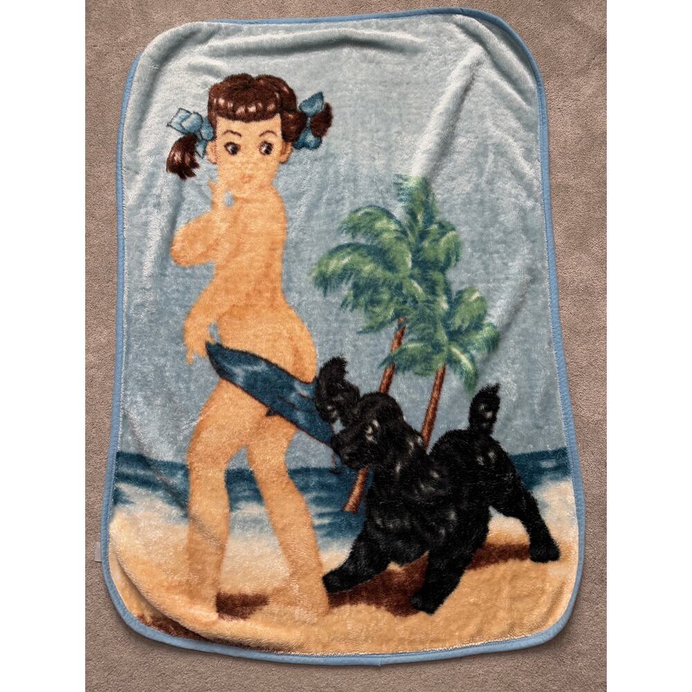 RARE Vtg Coppertone sunscreen girl & dog plush throw blanket - Vtg Ad 58 x 42